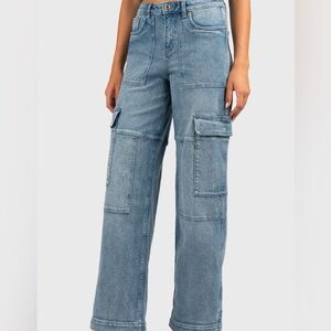 Michael Kors Selma Blue Cargo Jeans Medium Wash Pockets High Waist Wide Leg: 8